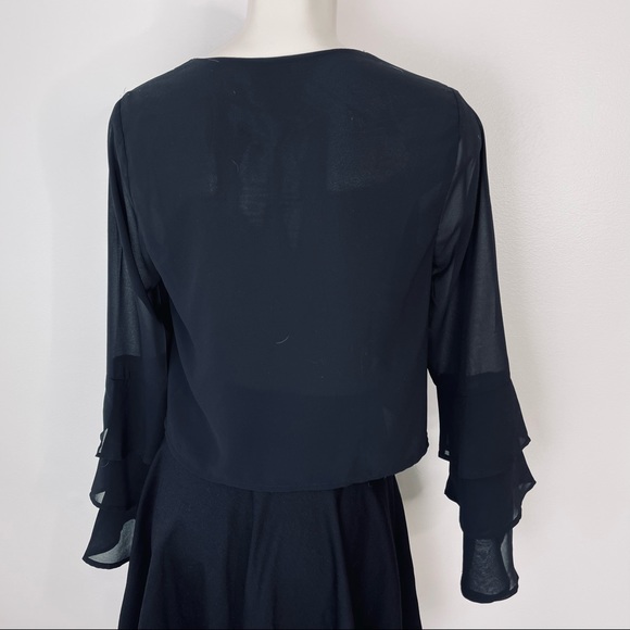 CHARLOTTE RUSSE Tie front shirt SHEER KNIT solid black LAYERED SLEEVES dressy M - Picture 3 of 11